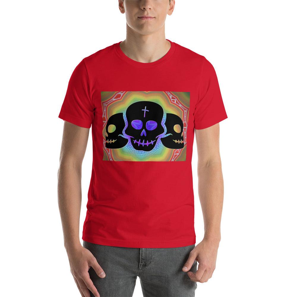 Three Black Skulls on a Colorful Background Unisex tee t-shirt - Lizard Vigilante