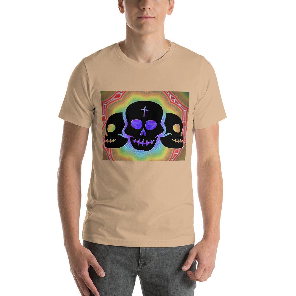 Three Black Skulls on a Colorful Background Unisex tee t-shirt - Lizard Vigilante