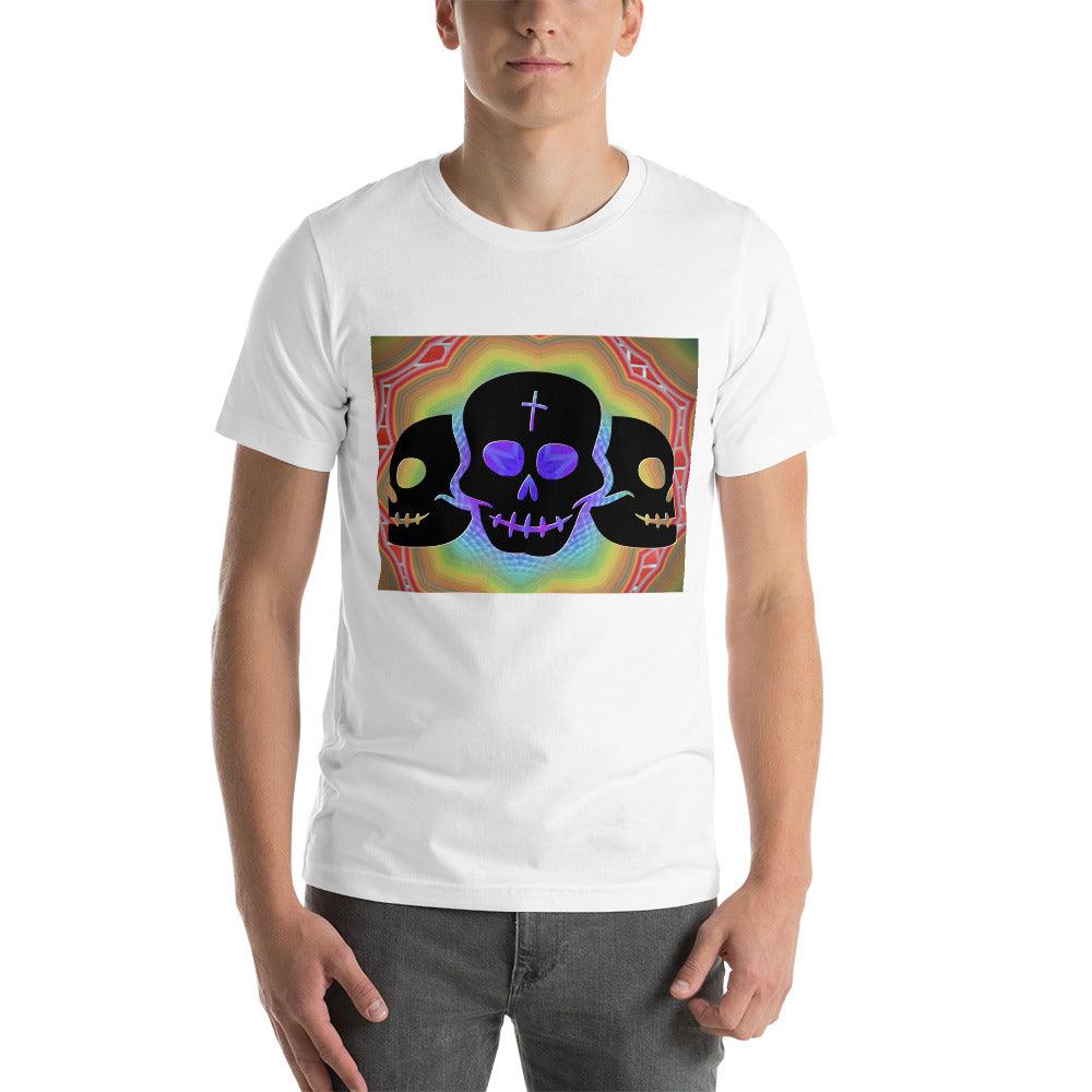 Three Black Skulls on a Colorful Background Unisex tee t-shirt - Lizard Vigilante