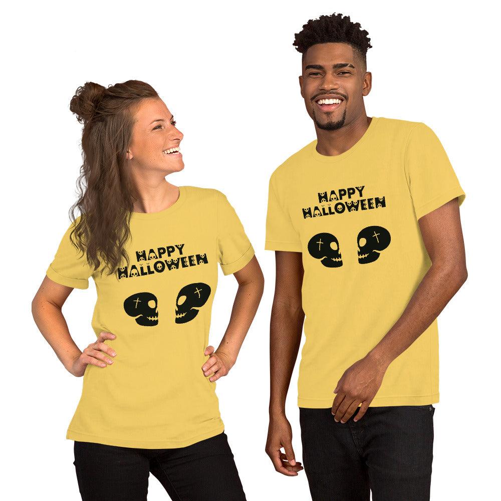 Happy Halloween in Skulls Font With 2 Facing Black Skulls Unisex t-shirt - Lizard Vigilante