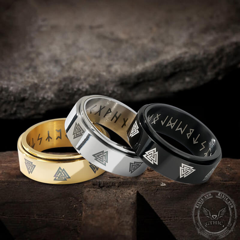 Valknut Runes Stainless Steel Spinner Ring