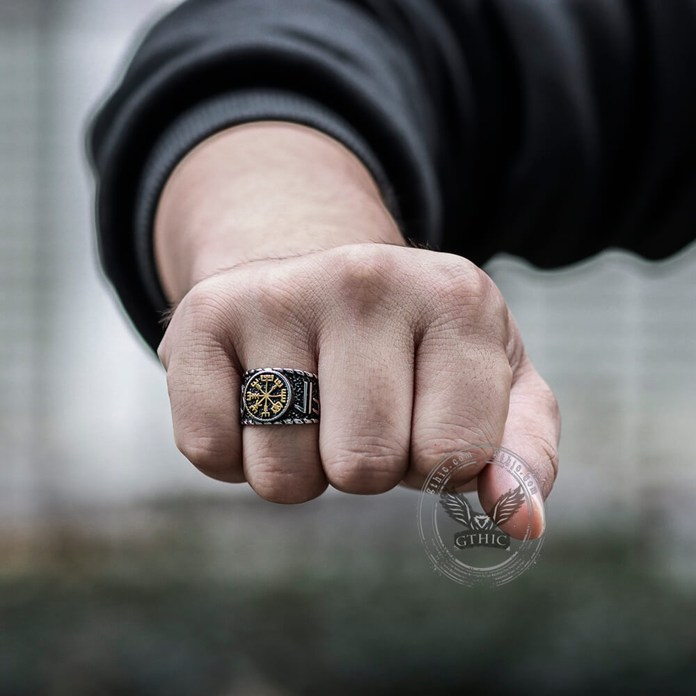 Vegvisir and Runes Stainless Steel Viking Ring