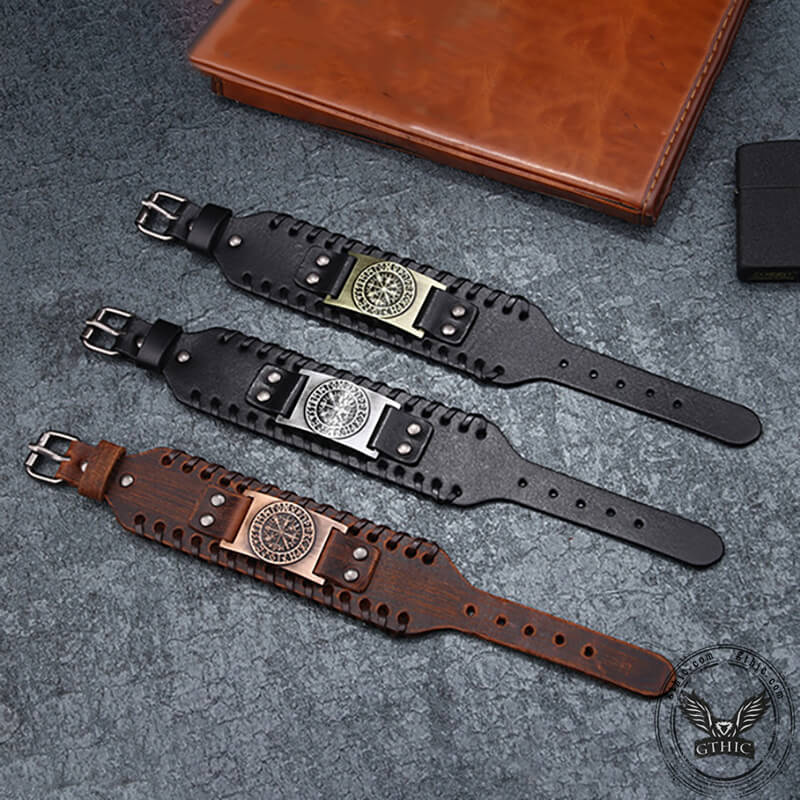 Vegvisir Runes Wristband Leather Viking Bracelet