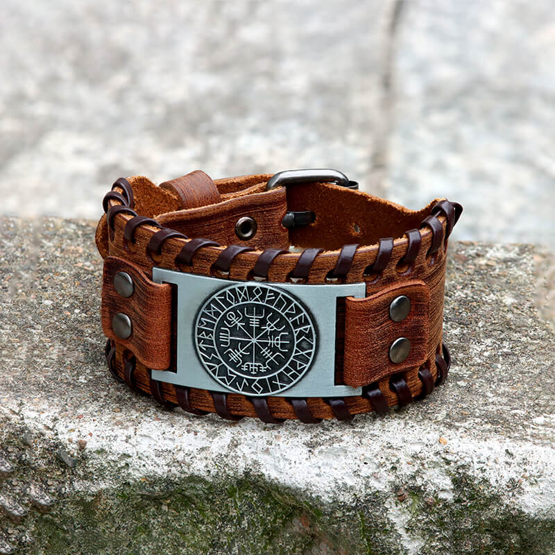 Vegvisir Runes Wristband Leather Viking Bracelet