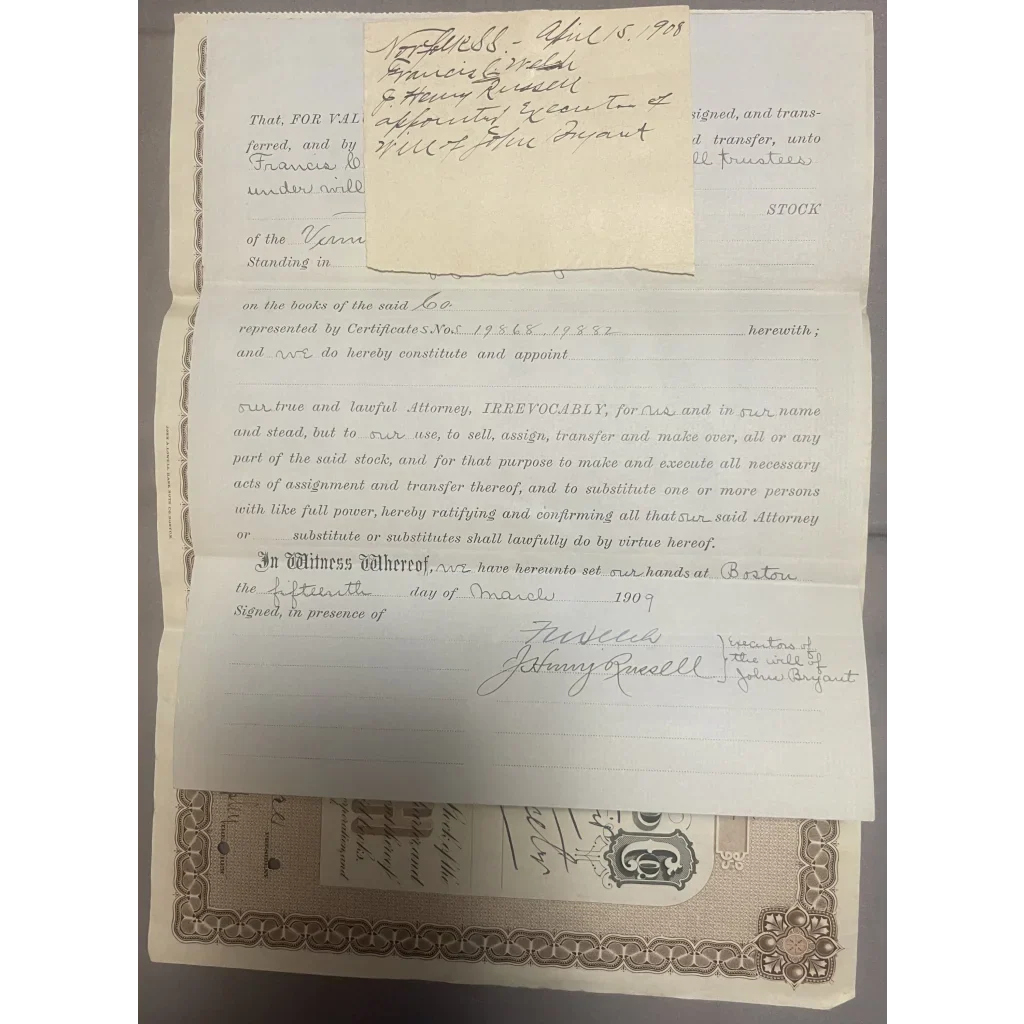 Rare 1900s VT & MA Railroad Stock Certificate Treasure