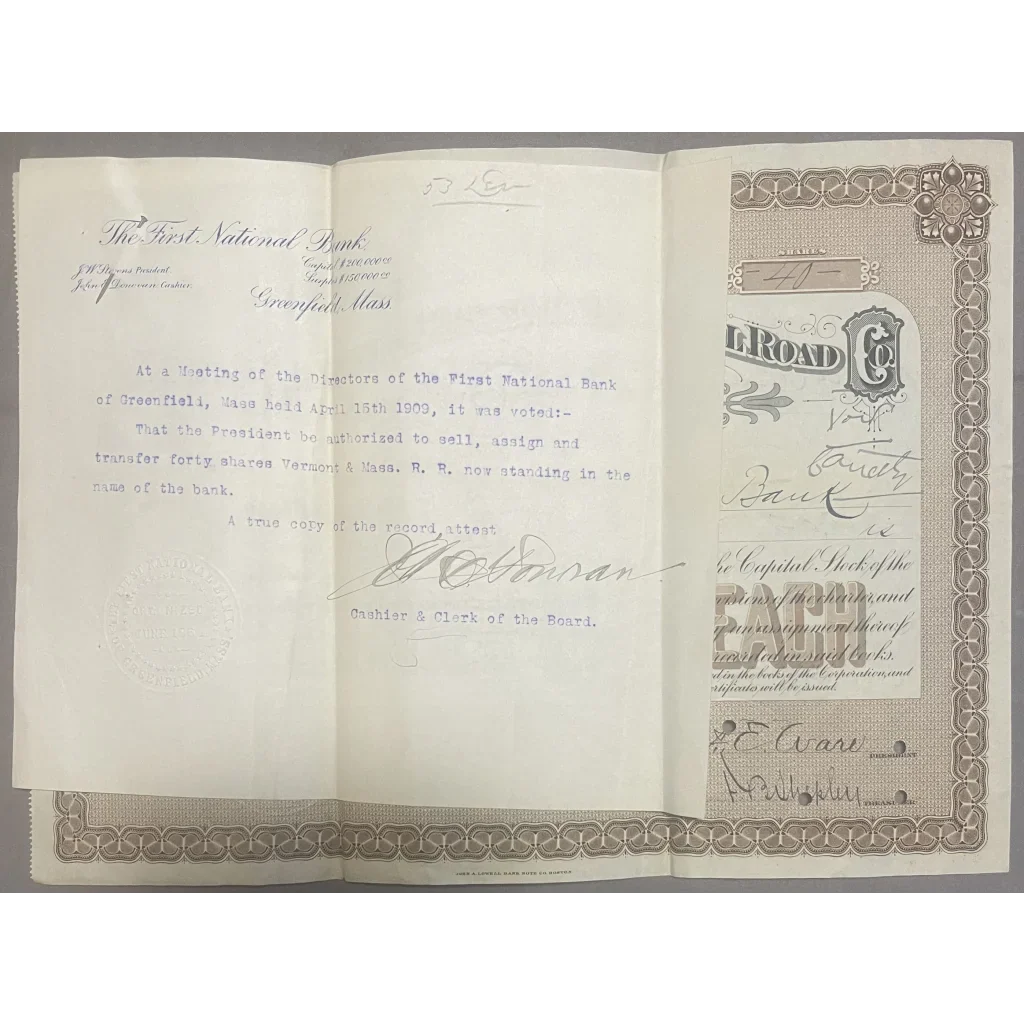 Rare 1900s VT & MA Railroad Stock Certificate Treasure