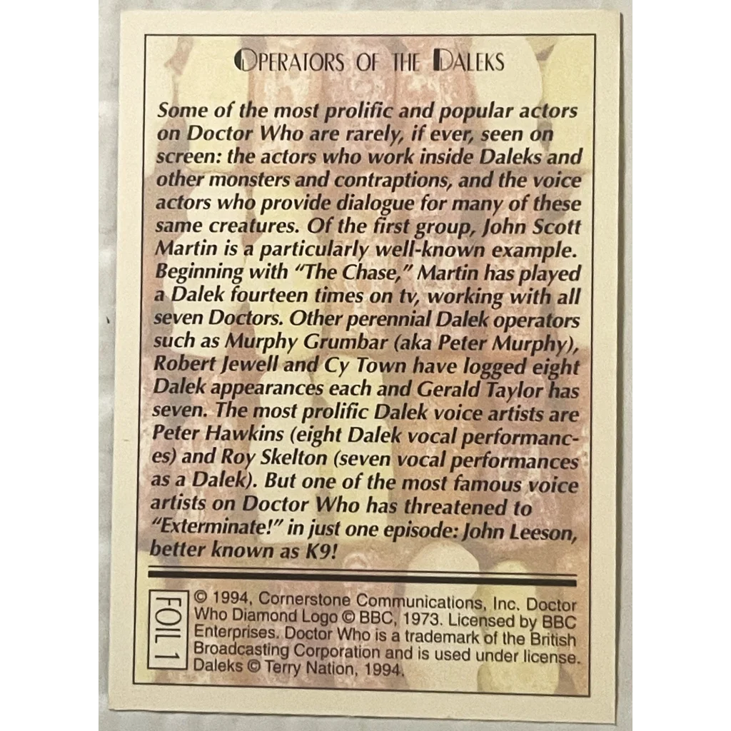 Rare Vintage Limited Doctor Who Foil Trading Cards 1990s Set