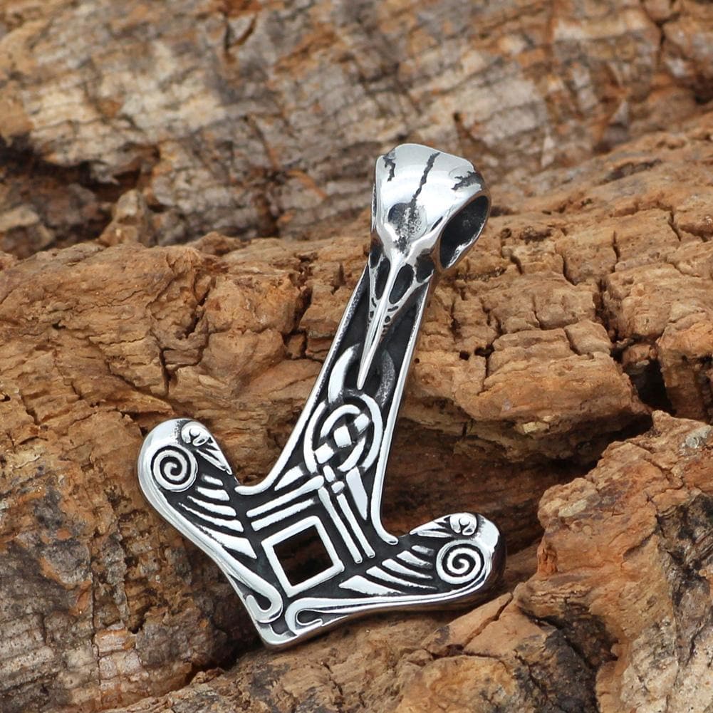 Vikings Mjolnir Raven Skull Stainless Steel Necklace