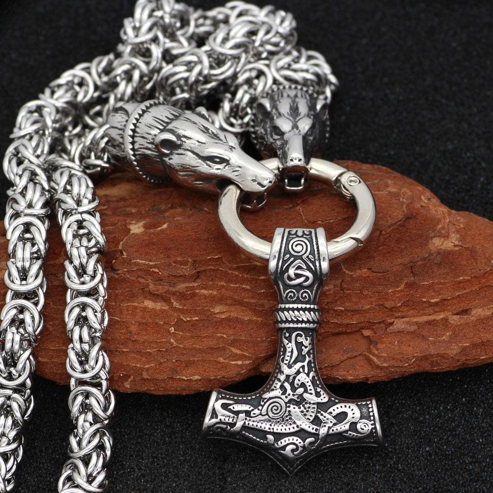 Vikings Bear Head Mjolnir Stainless Steel Necklace