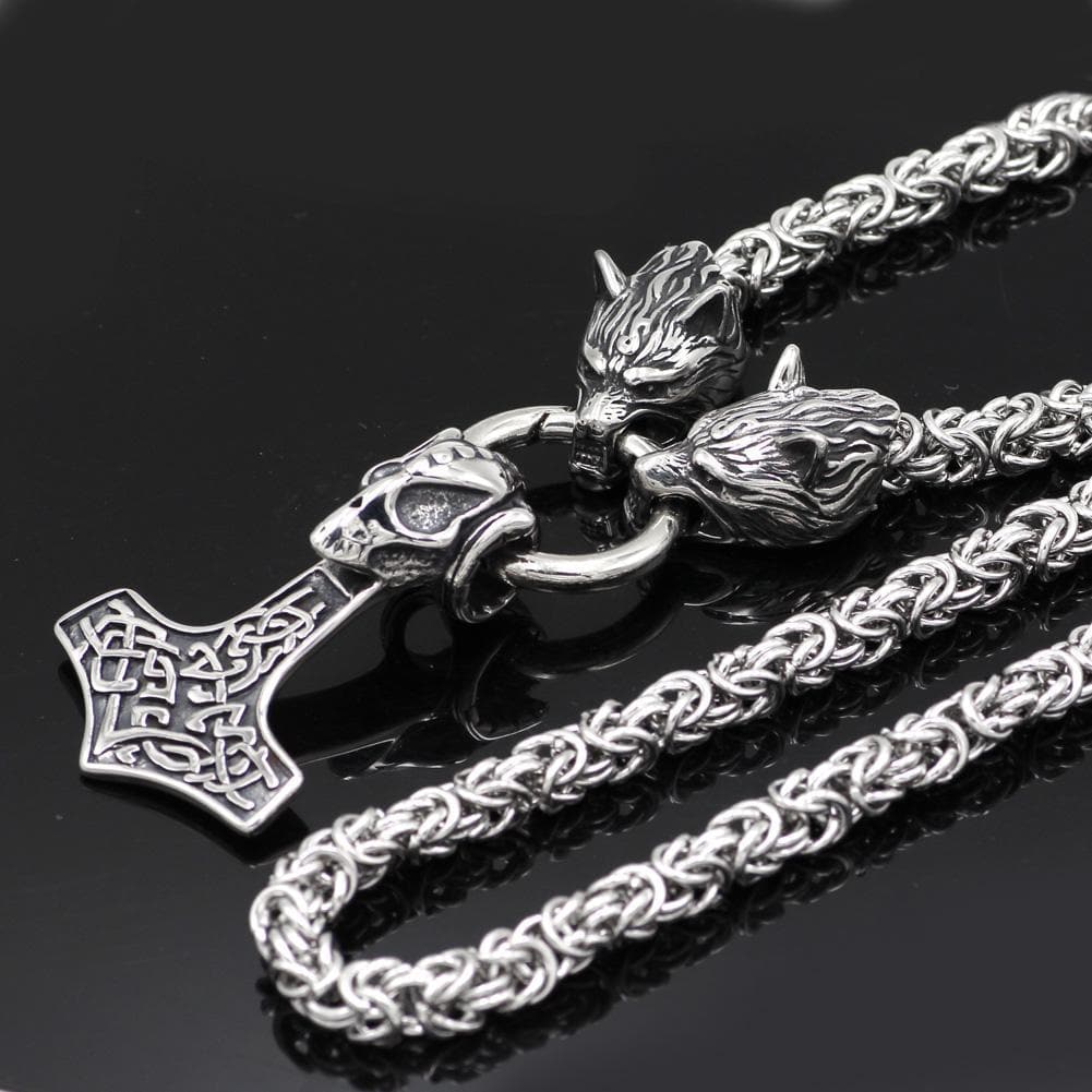 Vikings Wolf Heads and Skull Mjolnir Stainless Steel Necklace