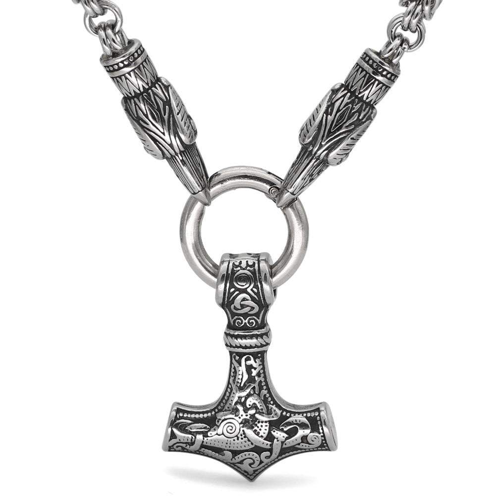 Vikings Mjolnir and Ravens Stainless Steel Necklace