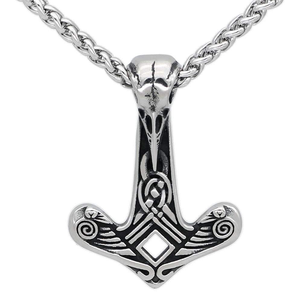 Vikings Mjolnir Raven Skull Stainless Steel Necklace
