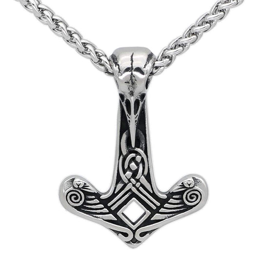 Vikings Mjolnir Raven Skull Stainless Steel Necklace
