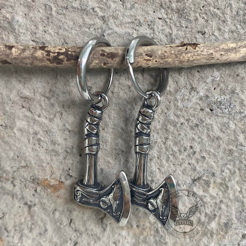 Viking Axe Wolf Stainless Steel Earrings