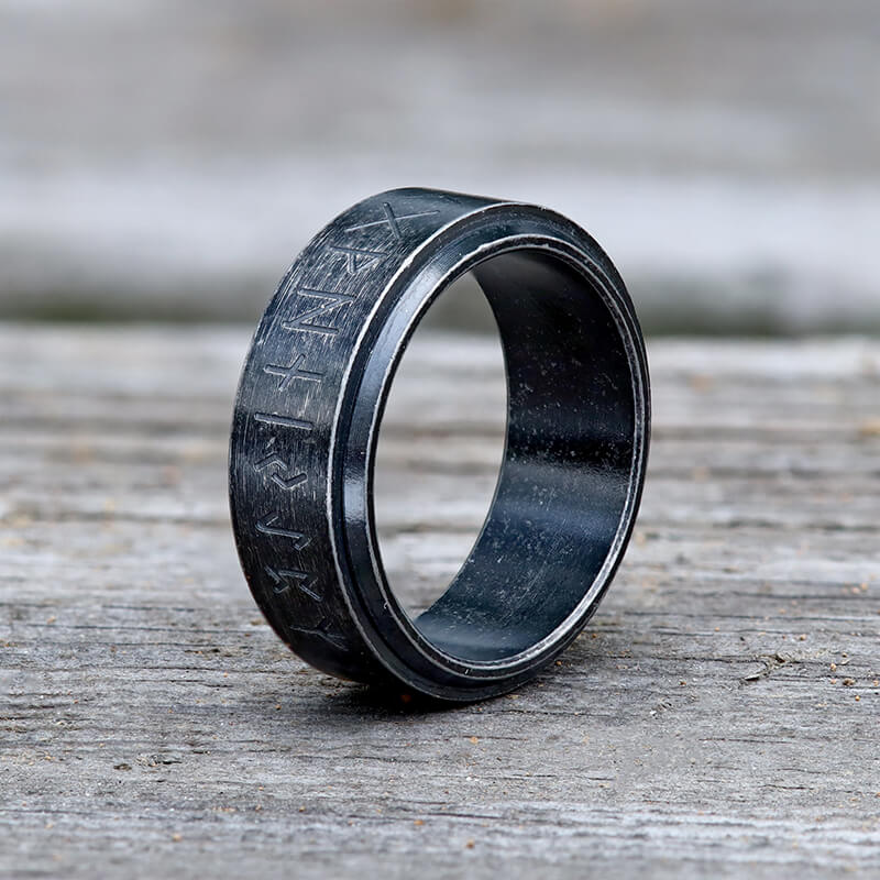 Viking Runes Carved Stainless Steel Spinner Ring