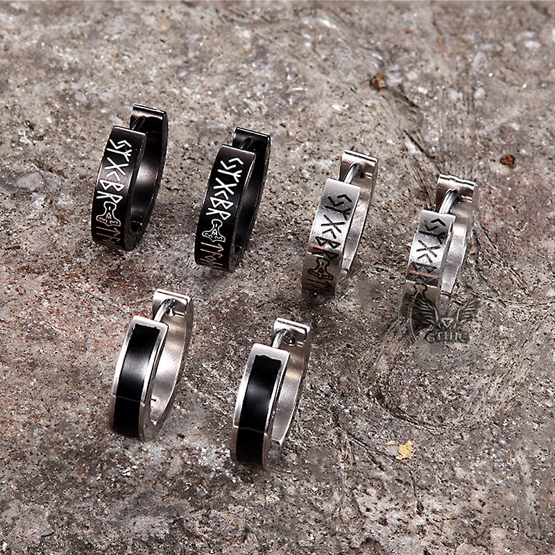 Viking Runes Stainless Steel Huggie Earrings