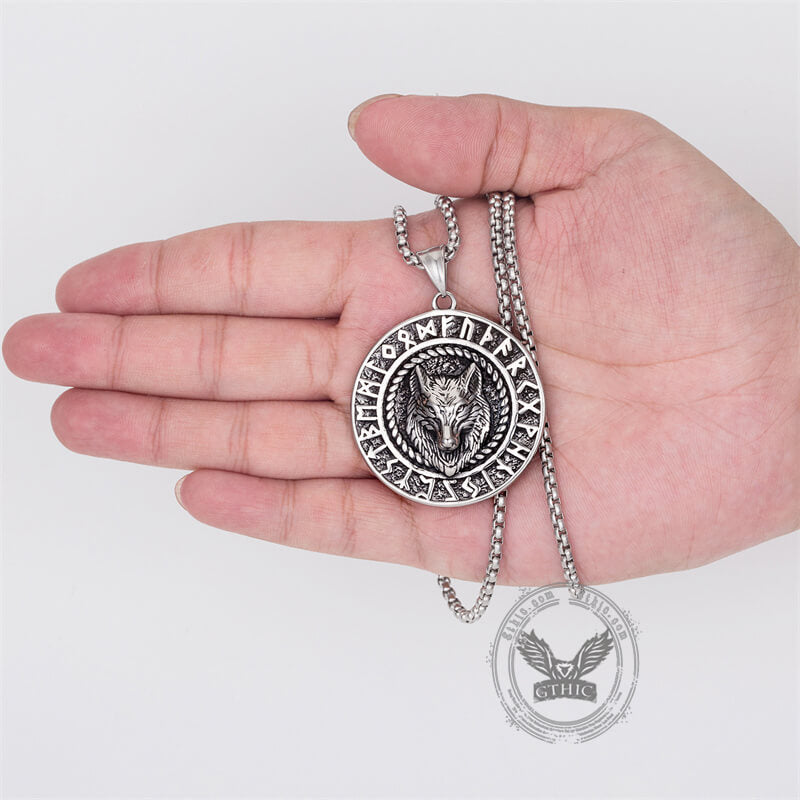 Viking Runes Wolf Head Stainless Steel Necklace