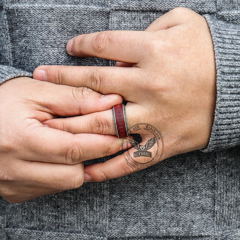 Viking Runes Wood Stainless Steel Spinner Ring
