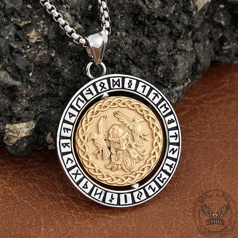 Viking Warrior Raven Rune Rotatable Stainless Steel Pendant