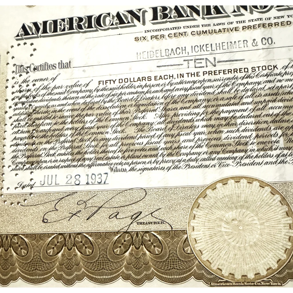 Rare American Bank Note Stock Certificate From the Roaring 20s