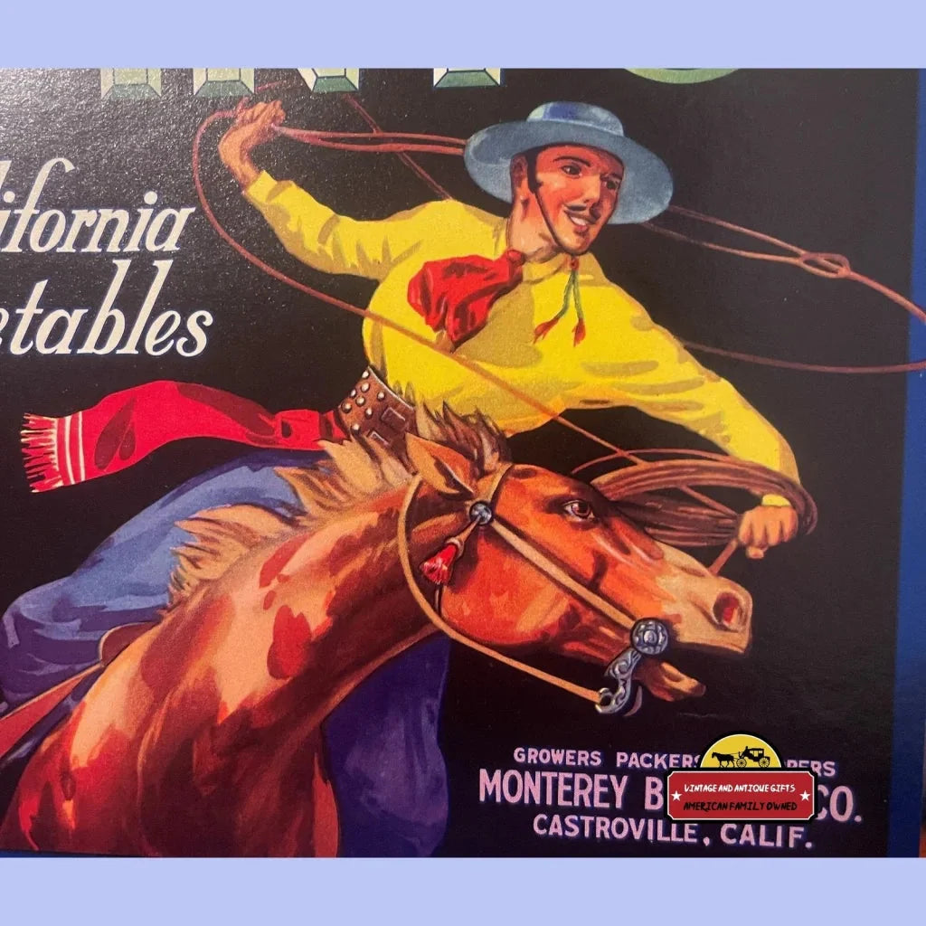 Rare 1930s Cowboy Rodeo Pinto Crate Label from Castroville