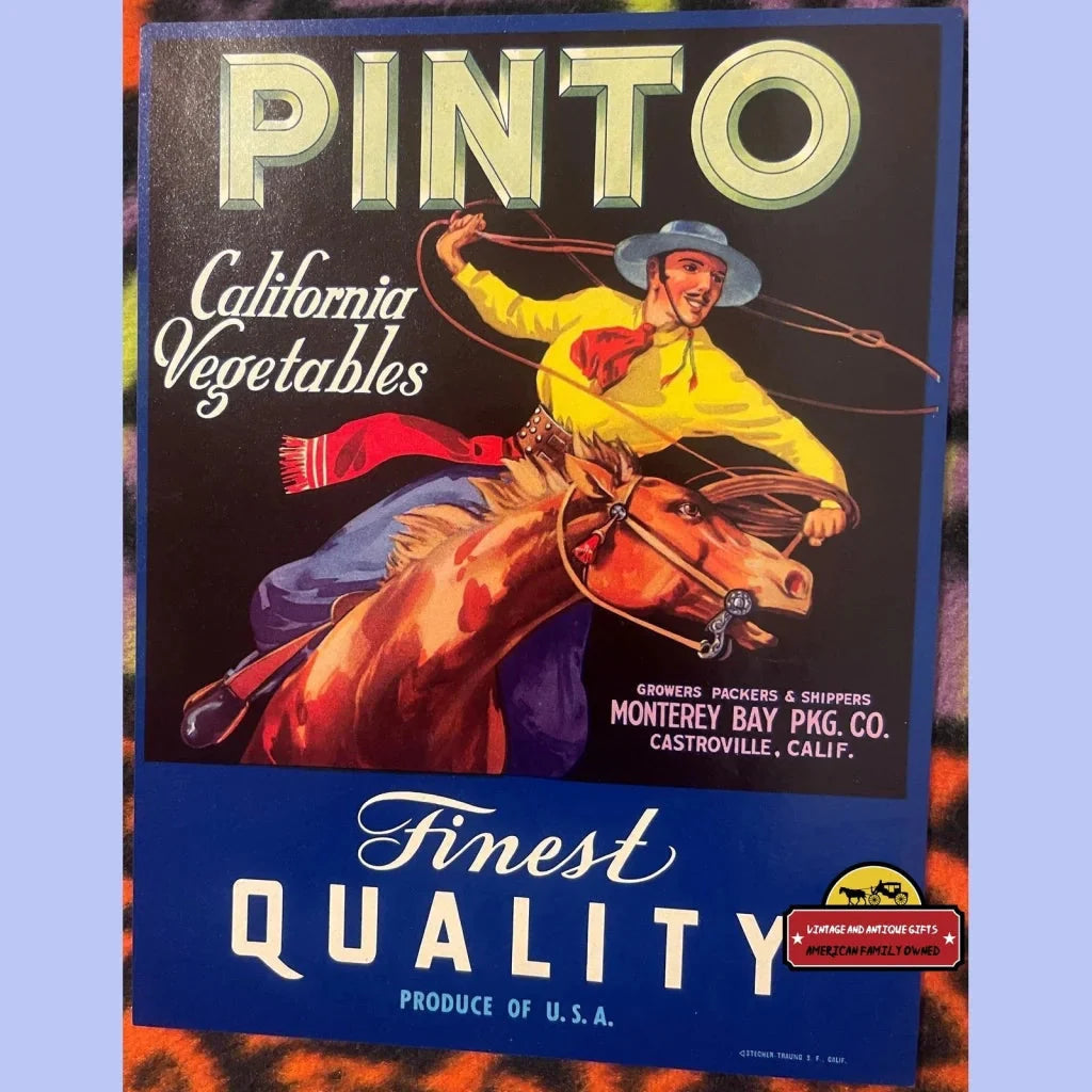 Rare 1930s Cowboy Rodeo Pinto Crate Label from Castroville