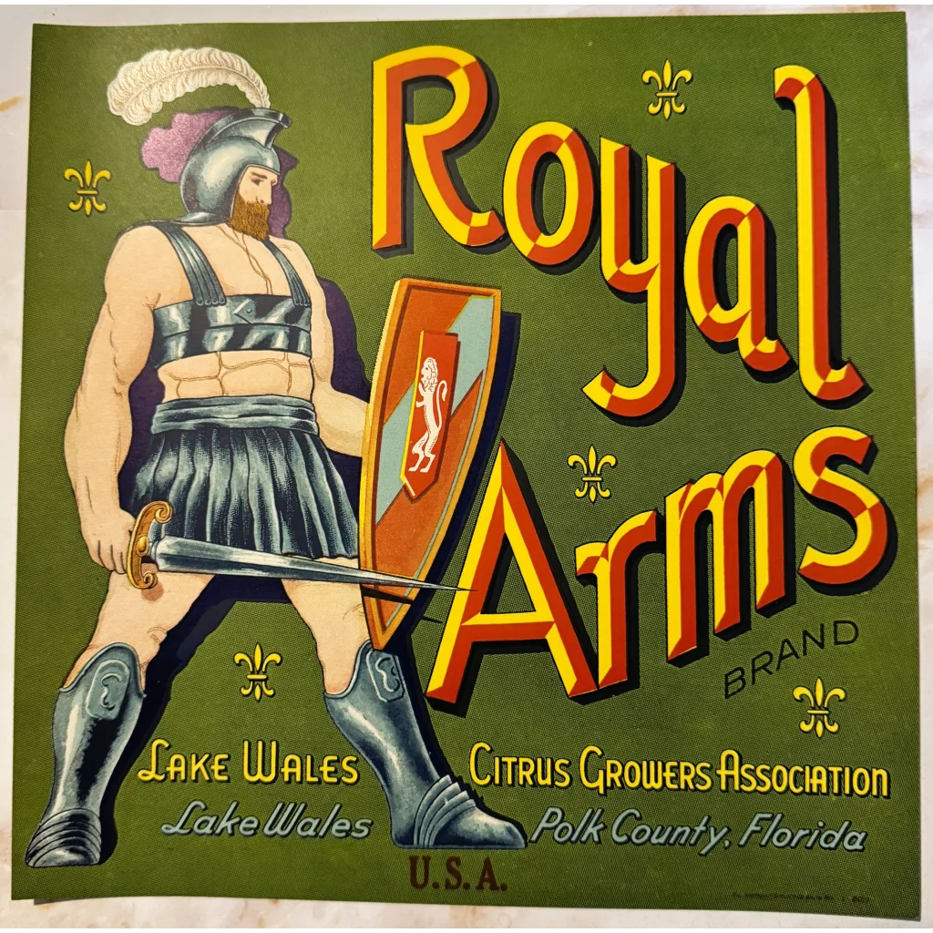 Vintage 1930s Roman Warrior Citrus Label from Royal Arms Florida