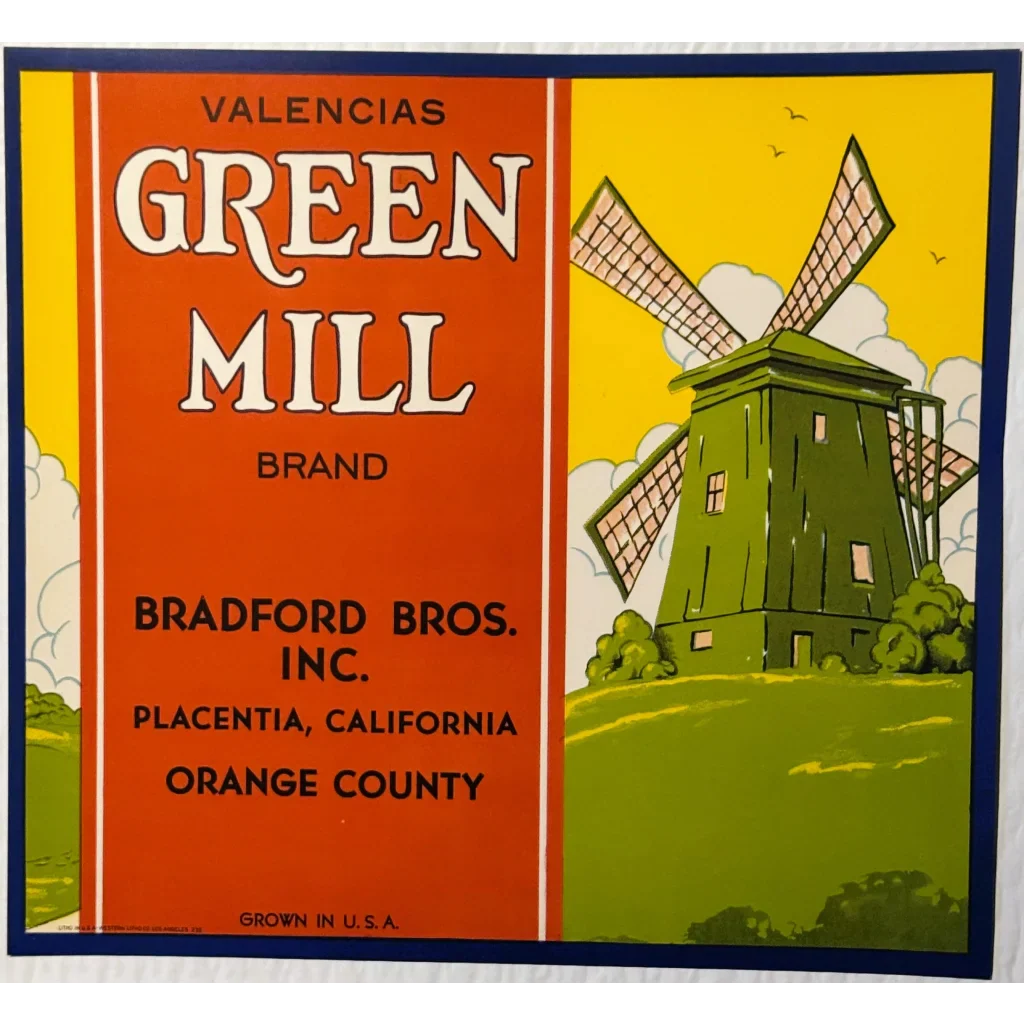 Vintage 1940s Green Mill Orange Crate Label Rustic Dutch Windmill