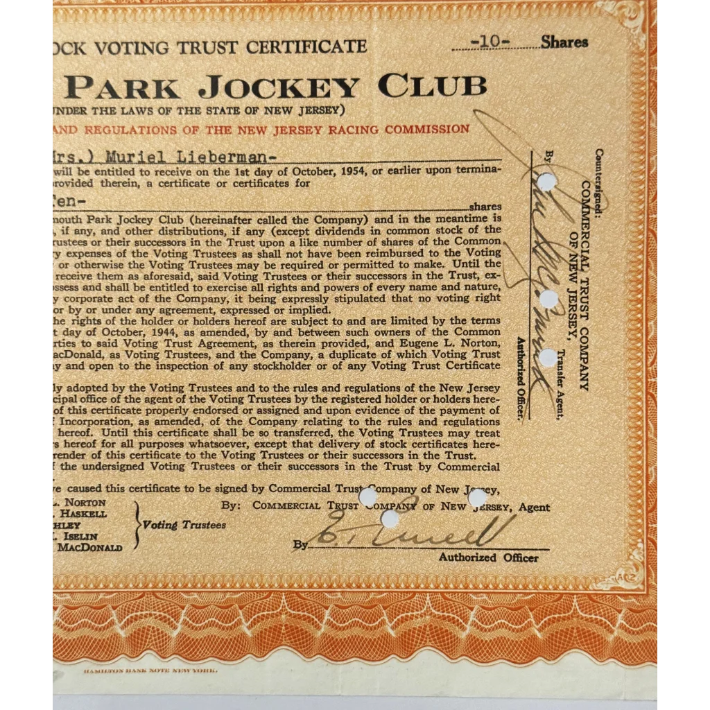 Rare Monmouth Jockey Club Stock Certificate from Horse Racing Heyday
