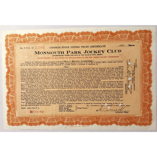 Rare Monmouth Jockey Club Stock Certificate from Horse Racing Heyday