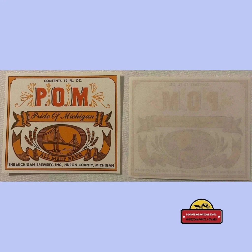 Rare 1950s Pride of Michigan Beer Label Antique Vintage Collectible