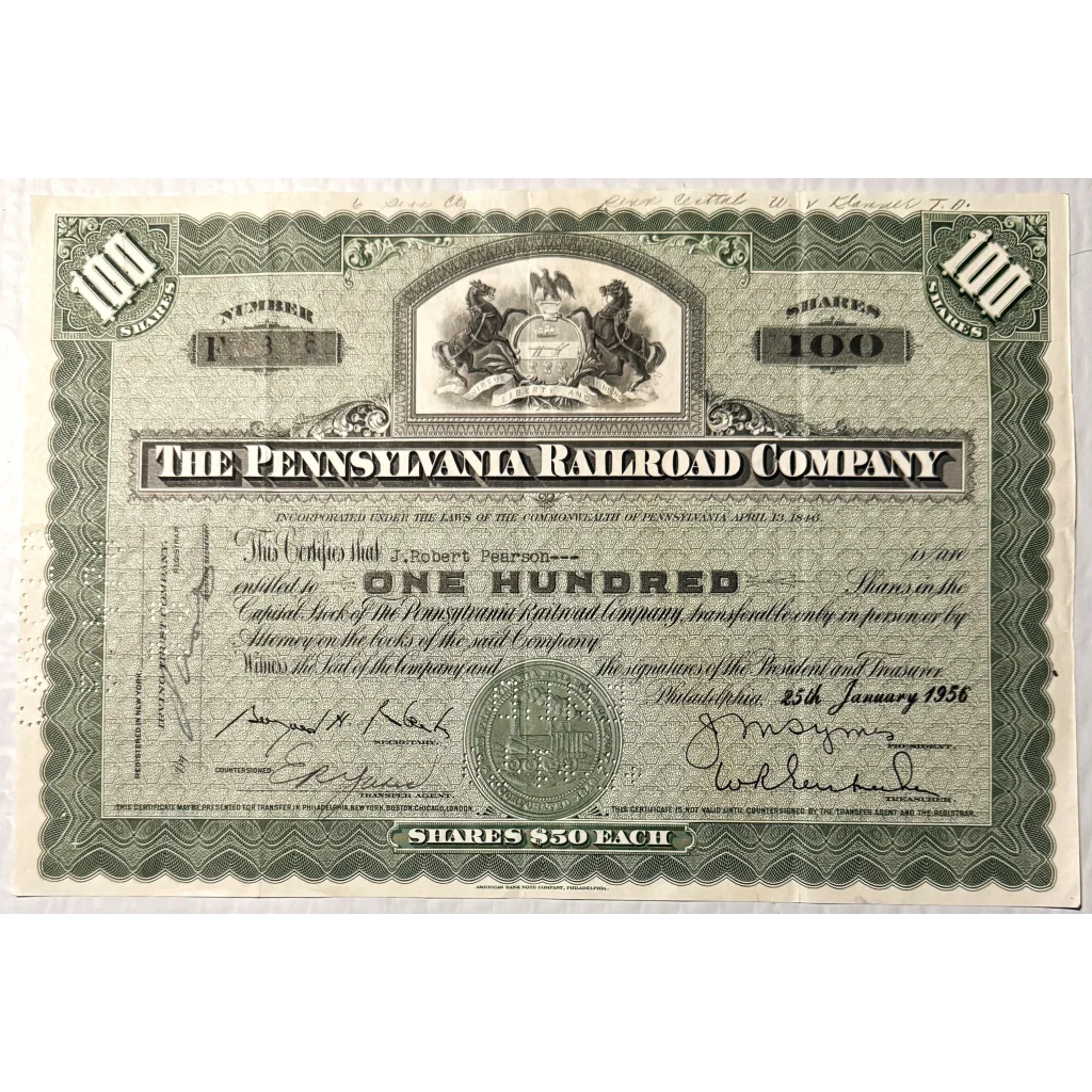 Vintage 1930s - 1950s Pennsylvania Railroad "Pennsy" Stock Certificate, Green