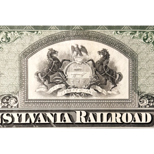 Vintage 1930s - 1950s Pennsylvania Railroad "Pennsy" Stock Certificate, Green