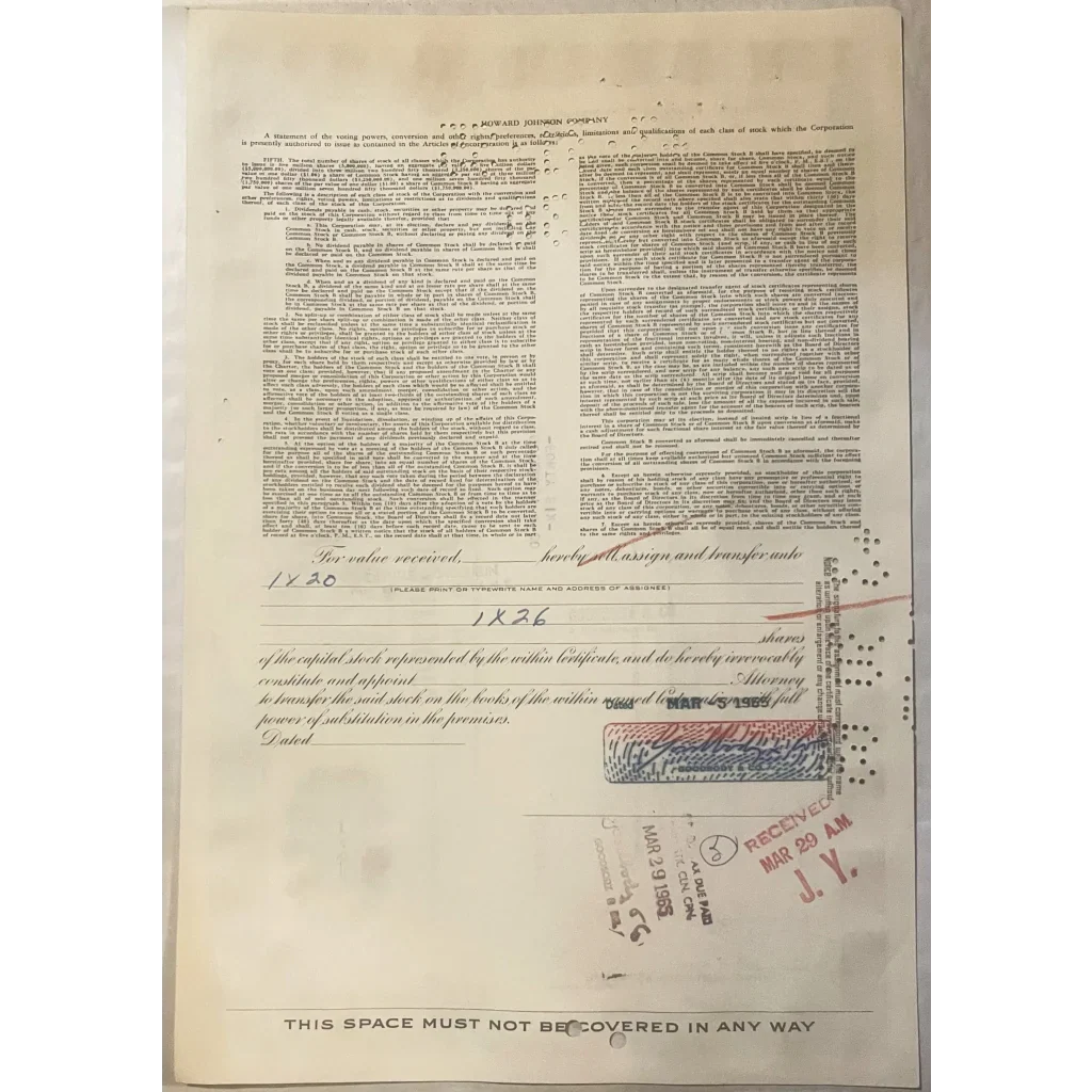 Rare Vintage 1960s Howard Johnson Stock Certificate Collectible