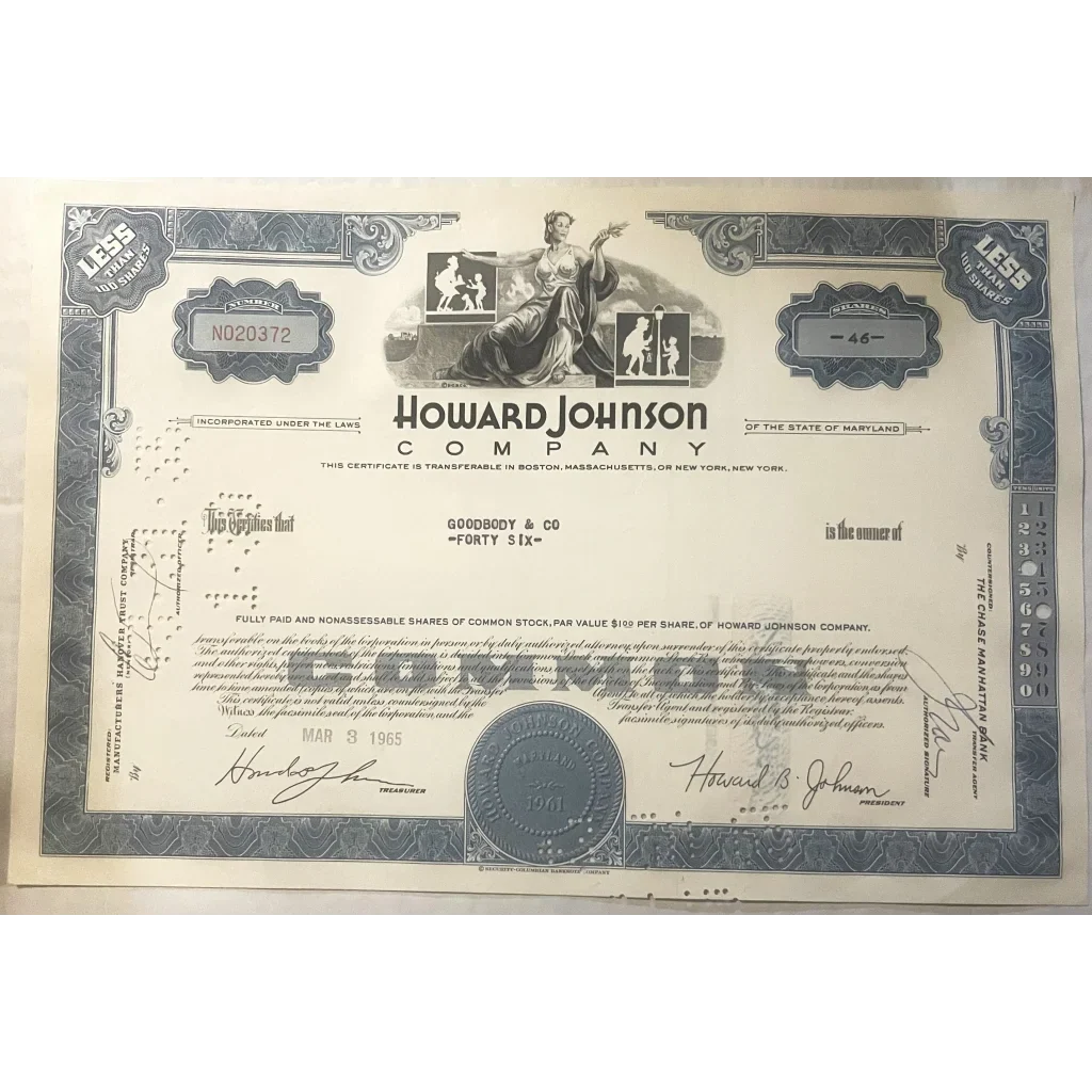 Rare Vintage 1960s Howard Johnson Stock Certificate Collectible