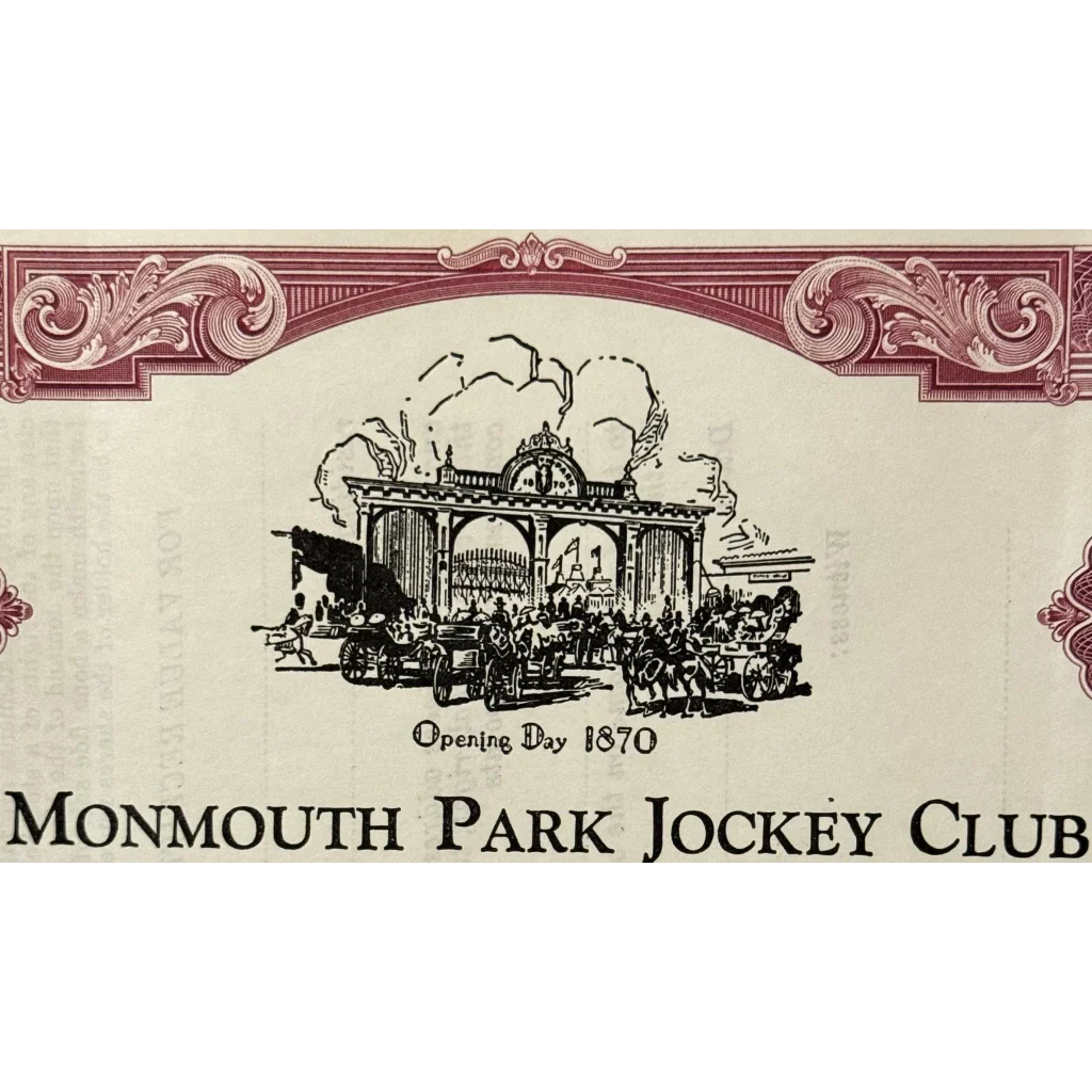Rare 1960s Monmouth Jockey Club Stock Certificate Horse Racing Relic