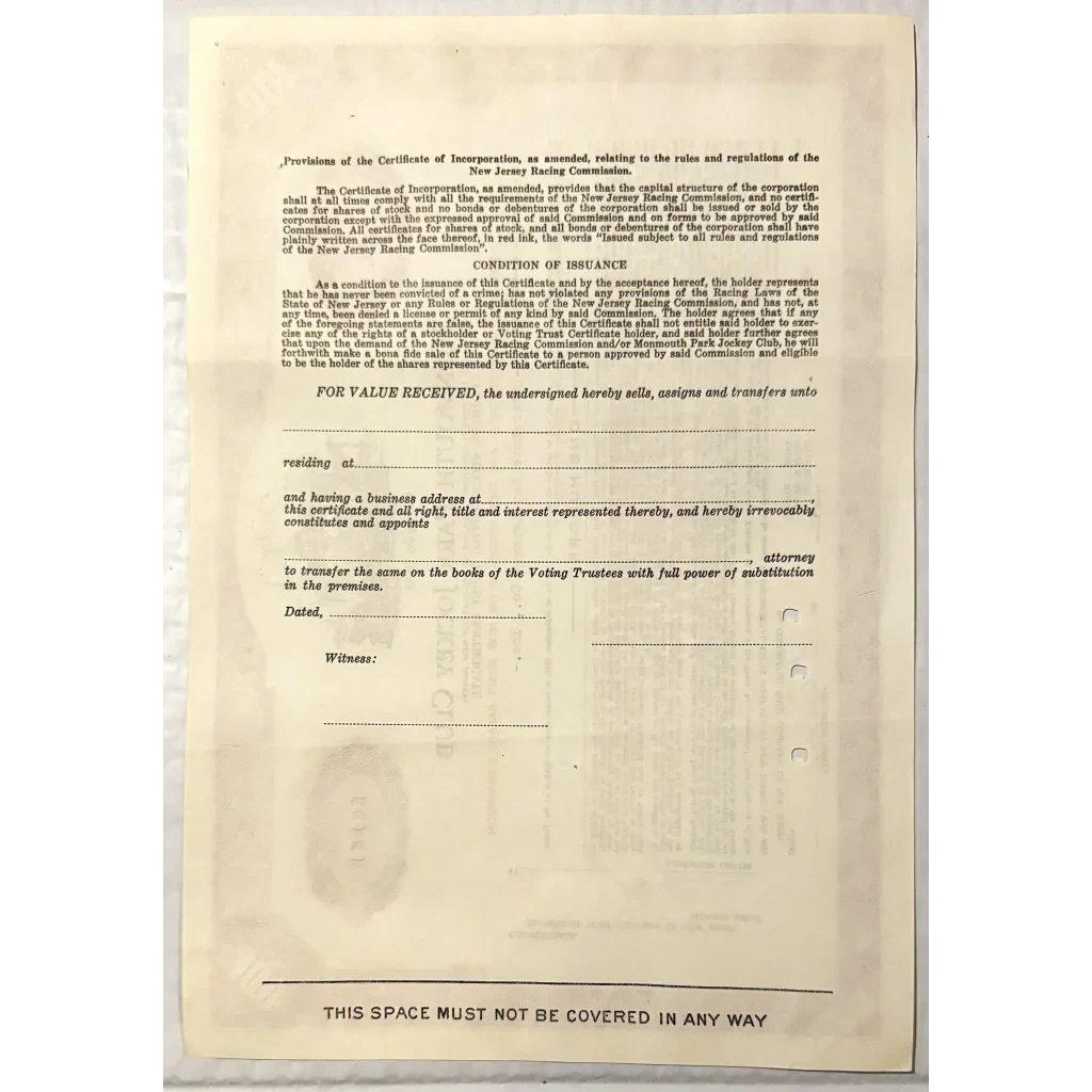 Rare 1960s Monmouth Jockey Club Stock Certificate Horse Racing Relic