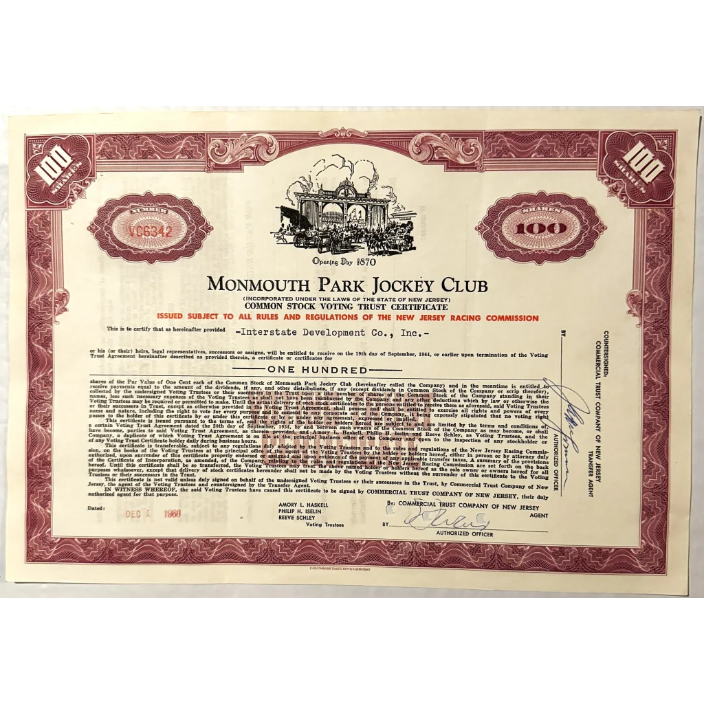 Rare 1960s Monmouth Jockey Club Stock Certificate Horse Racing Relic