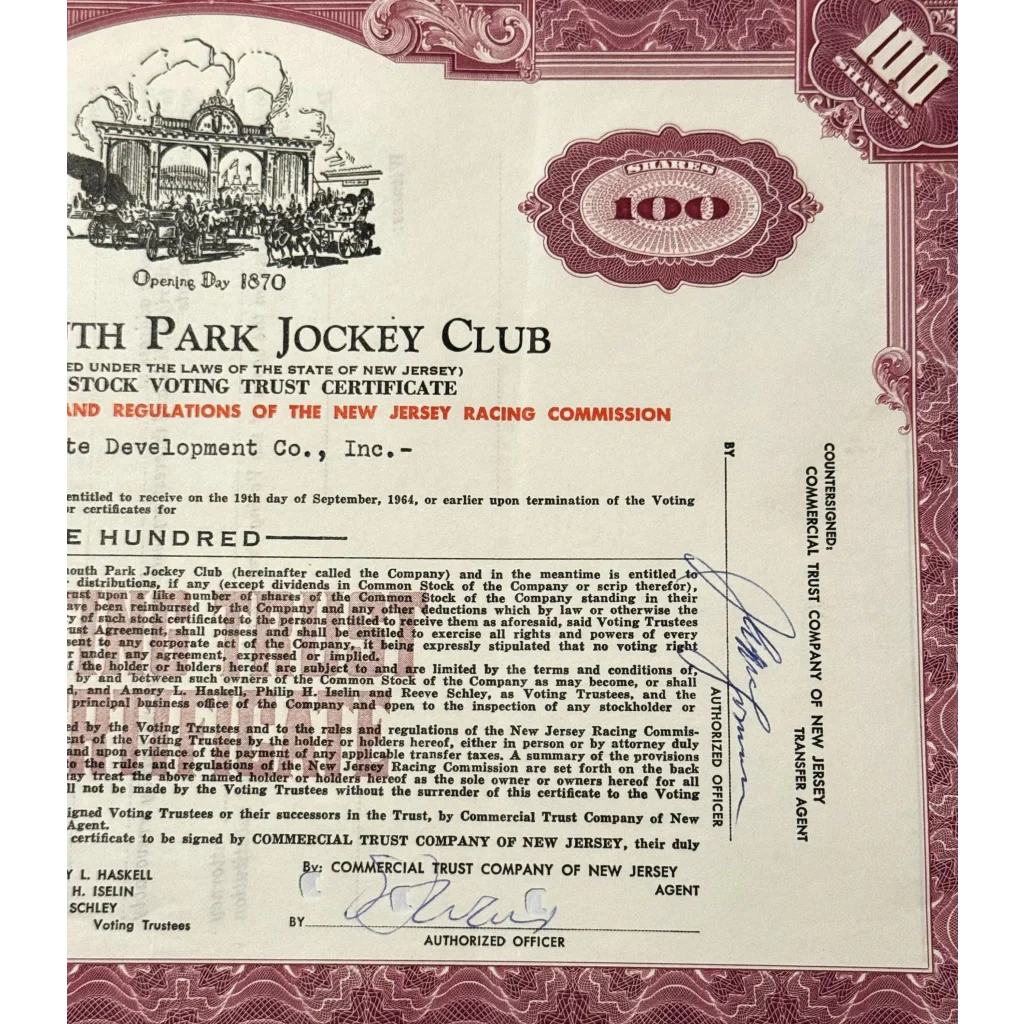 Rare 1960s Monmouth Jockey Club Stock Certificate Horse Racing Relic