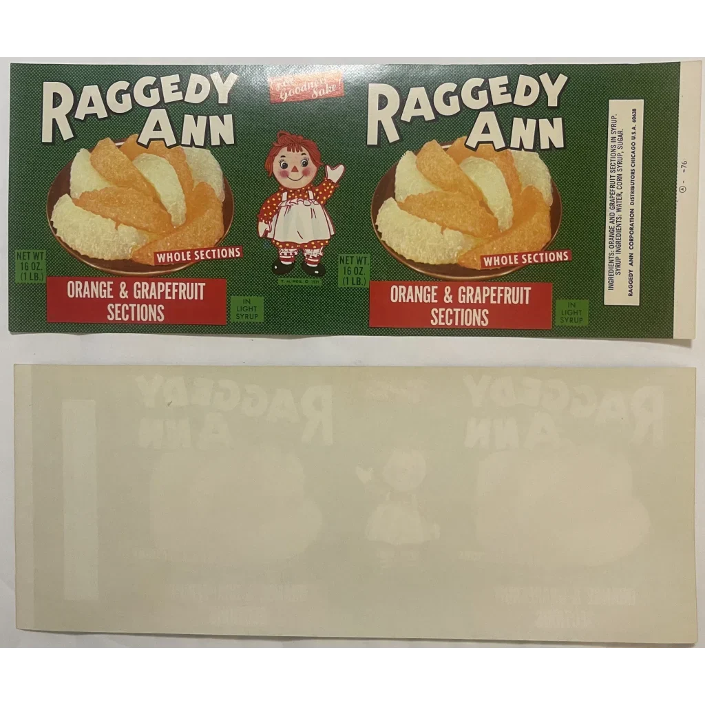 Vintage 1960s Raggedy Ann Can Label from Chicago Illinois