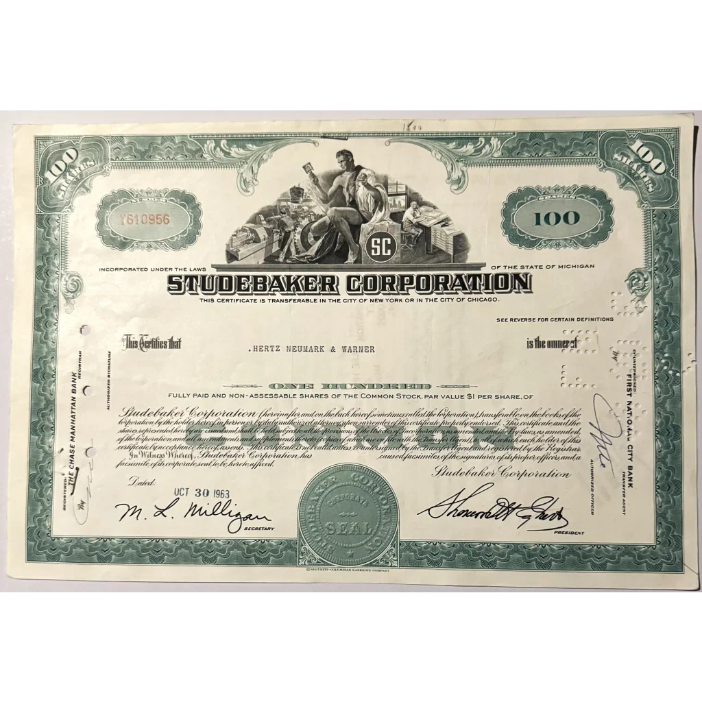 Vintage 1960s Studebaker Stock Certificate Green Automotive History