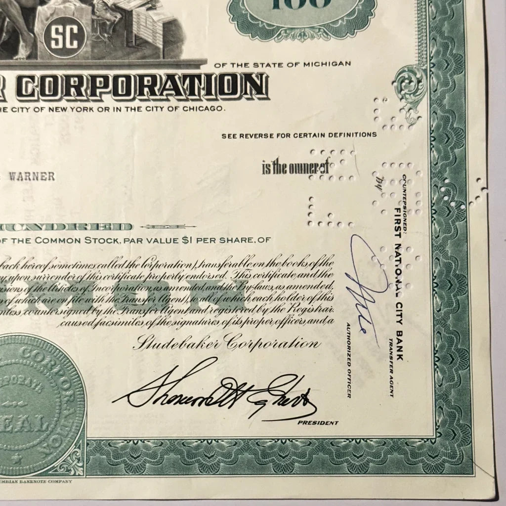 Vintage 1960s Studebaker Stock Certificate Green Automotive History