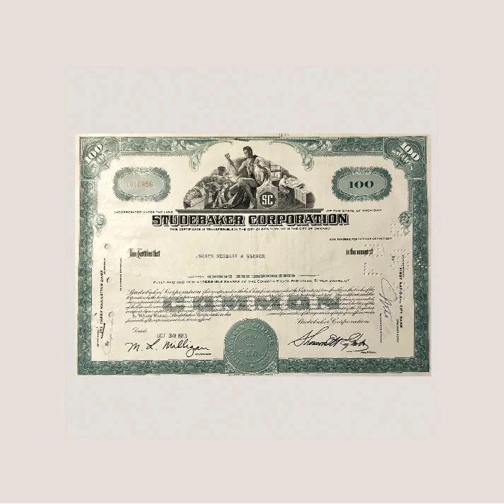 Vintage 1960s Studebaker Stock Certificate Green Automotive History