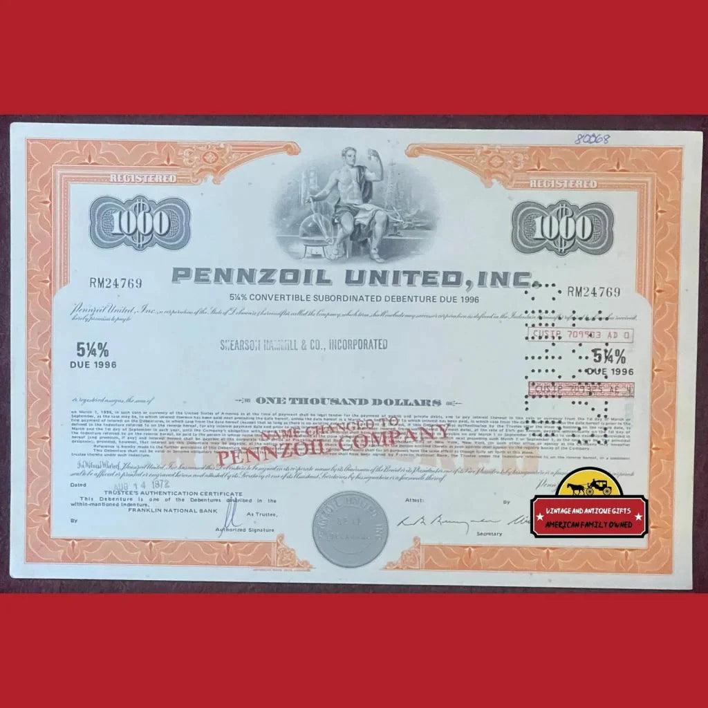 Rare 1970s Pennzoil Stock Certificate 1000 Shares American History