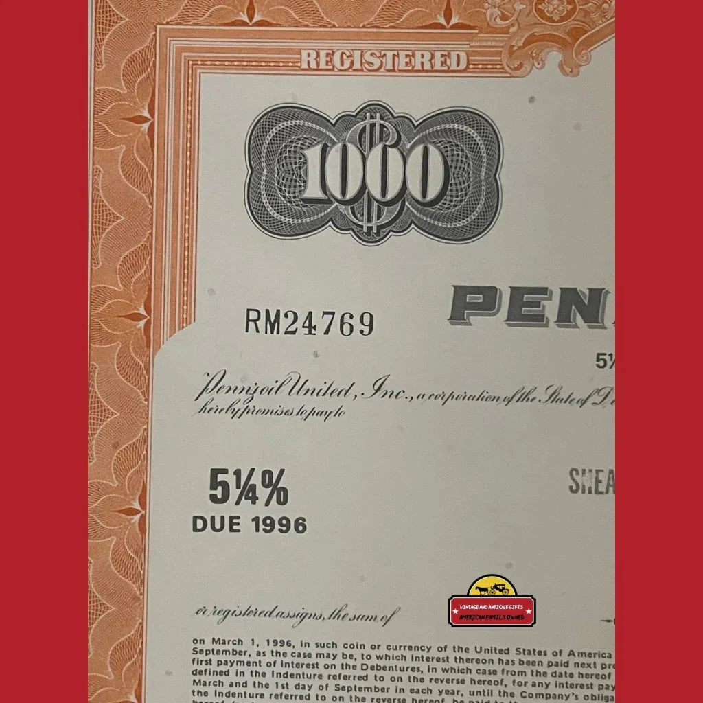 Rare 1970s Pennzoil Stock Certificate 1000 Shares American History