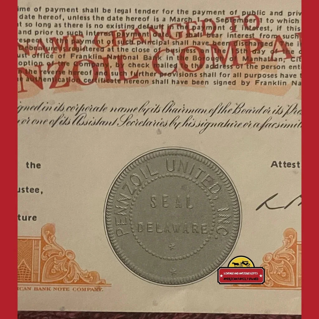 Rare 1970s Pennzoil Stock Certificate 1000 Shares American History