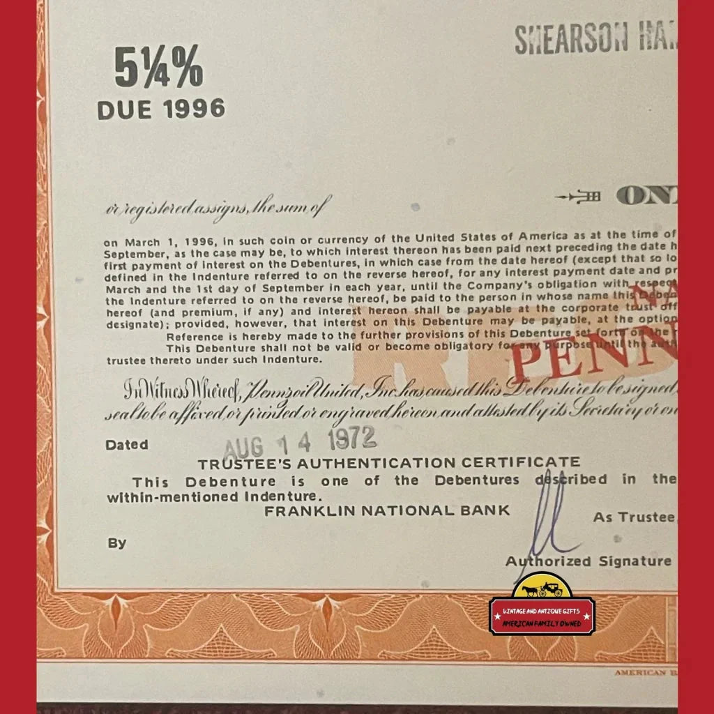 Rare 1970s Pennzoil Stock Certificate 1000 Shares American History