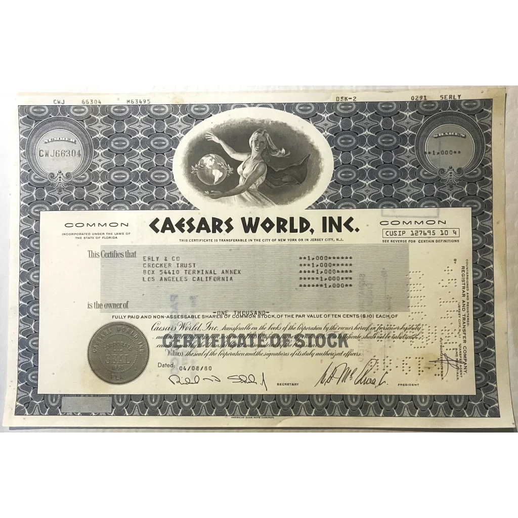 Rare 1980 Caesars World Casino Stock Certificate Unearthed