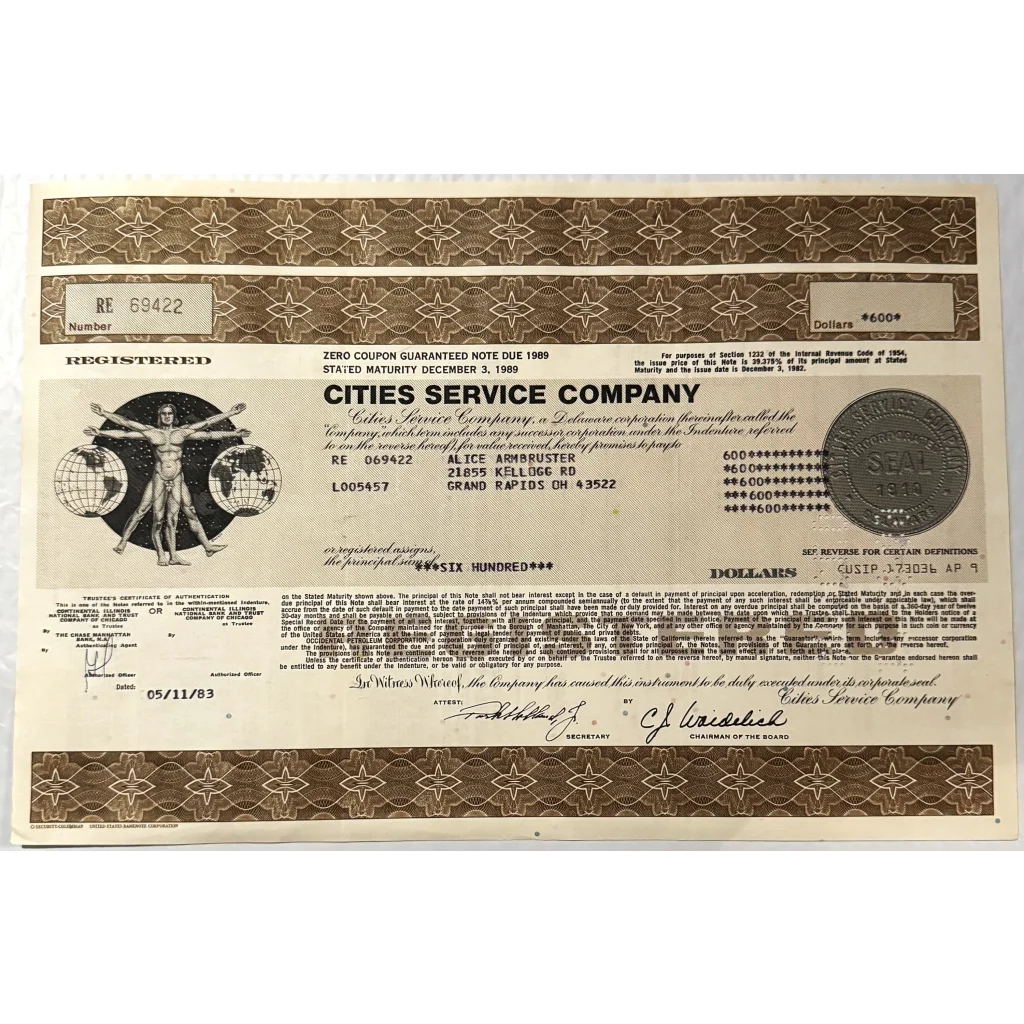 Rare 1980s Cities Service Company Stock Certificate Unveiled