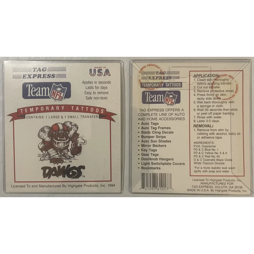 Rare 1994 NFL Cleveland Browns Dawg Pound Temporary Tattoos